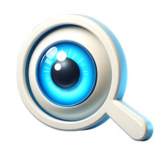 3D Cartoon Plastic Eye view Icon with magnifying glass Isolated on Transparent Background, Vision and Preview Symbol