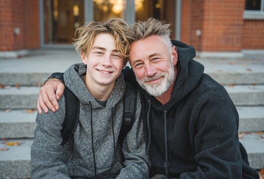 Father and son sharing a loving moment outside school