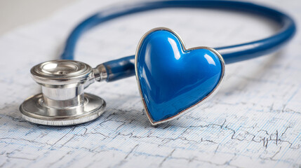 A blue stethoscope shaped like a heart rests atop a printed EKG graph, symbolizing cardiac care