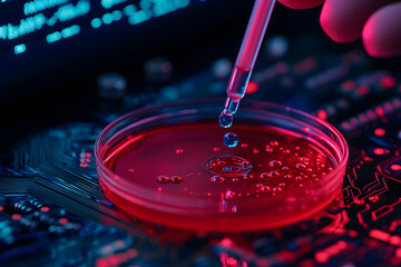 Red liquid dripping into petri dish on circuit board
