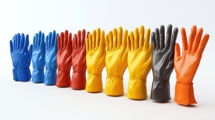 3d render lineup of industrial gloves on white background
