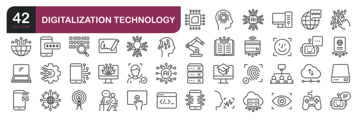 Set of line icons related to technology, digitalization, information technology. Outline icons collection. Editable stroke