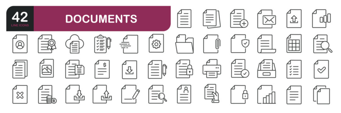 Set of line icons related to document, file, legal document. Outline icons collection. Editable stroke