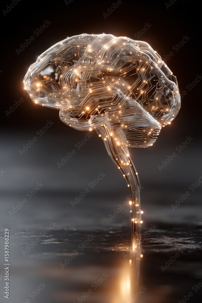 Poster illuminated digital brain composed of circuits on a reflective surface