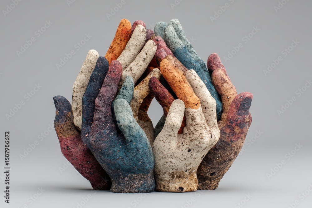 Poster sculptural representation of clasped hands in multicolored abstract texture