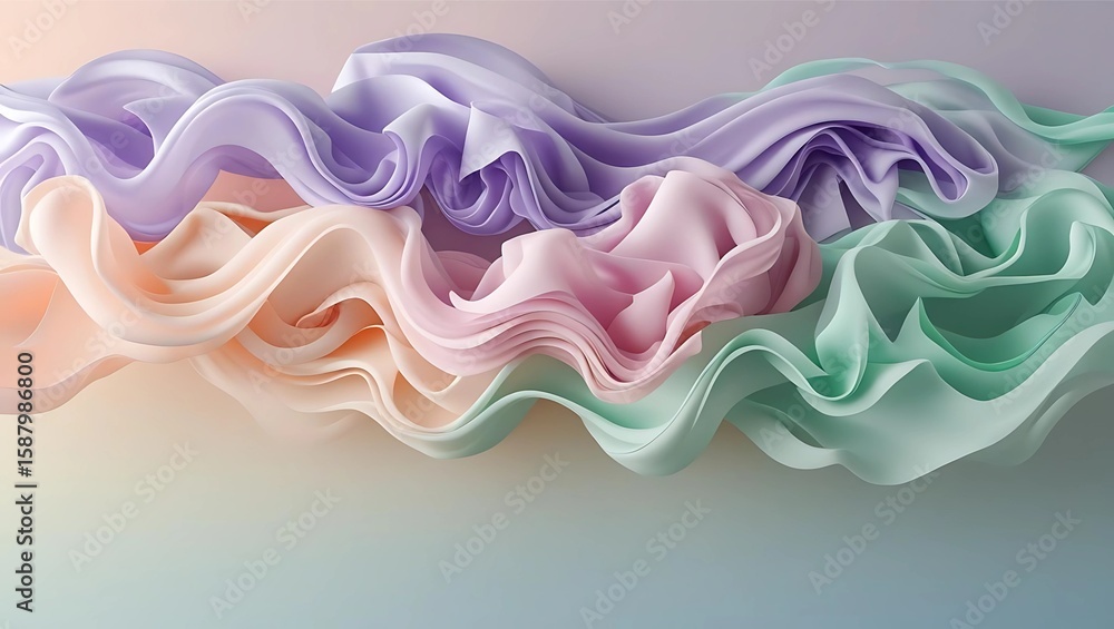 Poster pastel-colored fabric ribbons swirl and flow, creating an abstract wave-like pattern.