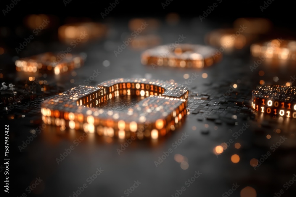 Poster conceptual image of cybersecurity represented by glowing locks and data codes