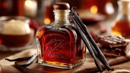 Vanilla extract bottle with vanilla beans and a cake.
