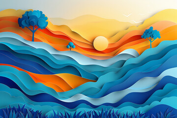 Mountain landscape with sunset. Vector illustrator