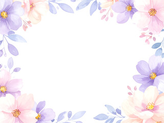 Pastel watercolor floral frame with soft pink and purple flowers, leaves, and branches creating a delicate border.