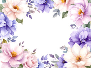 Fototapeta premium Delicate floral frame with pastel-colored flowers and leaves.