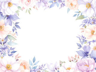 Fototapeta premium Watercolor floral border featuring pastel roses, leaves, and delicate blossoms, framing white space.