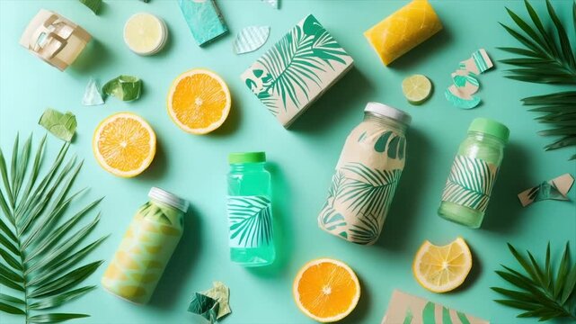 Tropical fruit & beverage packaging on teal backdrop