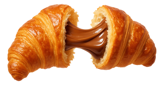 Warm croissant pulled apart with hazelnut spread stretching