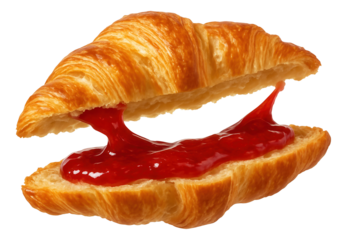 Croissant opened with strawberry jam pulling like a thread