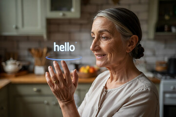 Smiling senior woman interacts with a holographic interface displaying the word hello