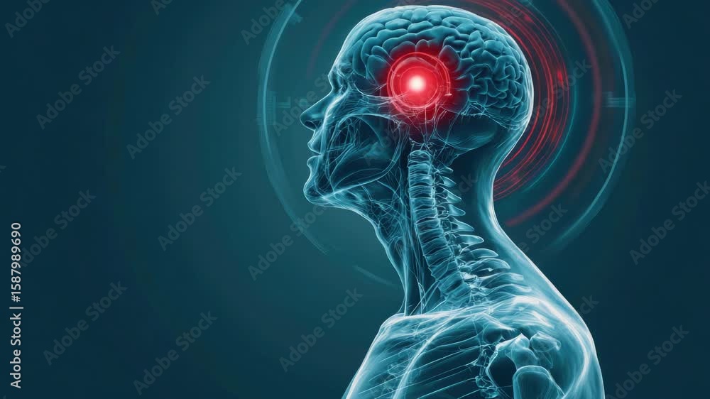 Poster an of a human head with an mri scan showing brain activity and electromagnetic signals.
