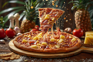 Pizza flying with tomato and pineapple 