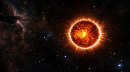Obraz premium Vibrant depiction of a fiery sun amidst a cosmic background with swirling galaxies and stars