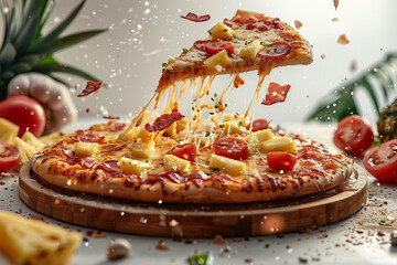 Pizza flying with mushrooms and tomatoes