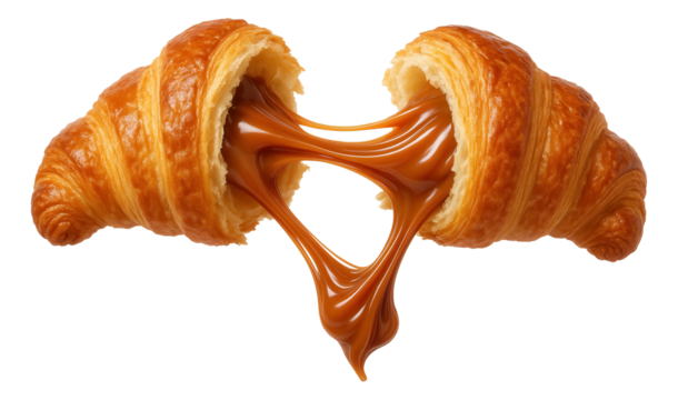 Croissant torn with dulce de leche pulling like taffy