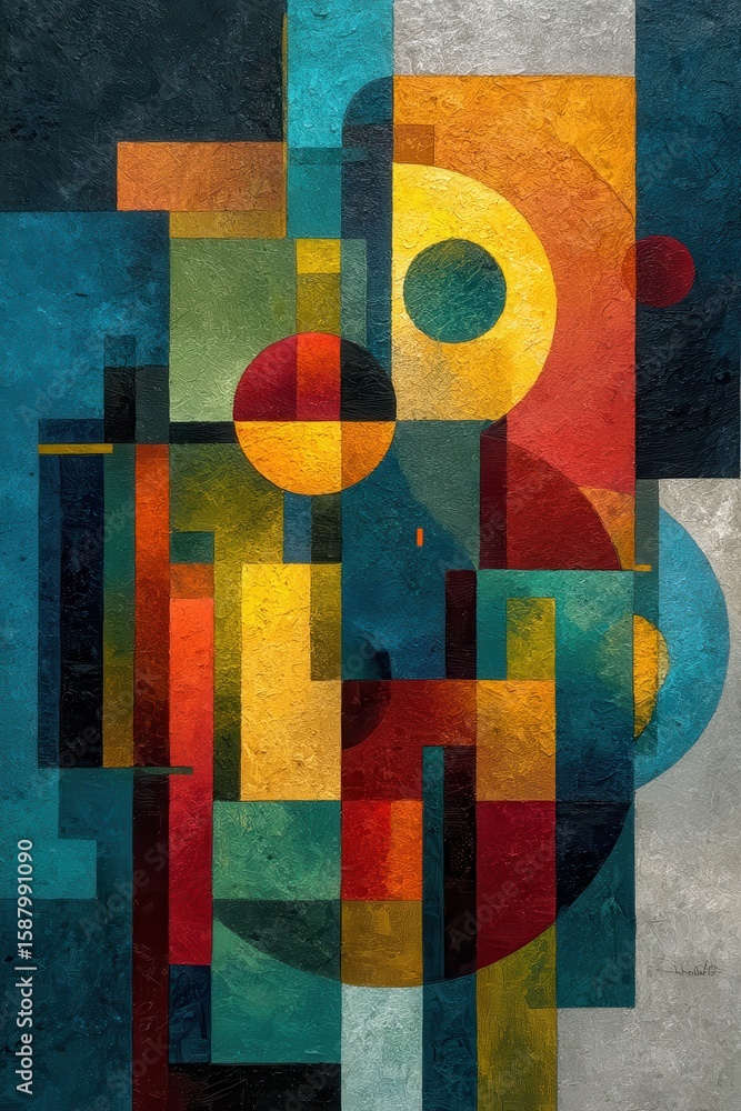 Poster colorful abstract geometric artwork with layered overlapping shapes and textures