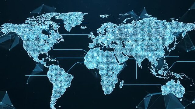Dotted blue digital world map with curved blue lines connecting continents on a dark background