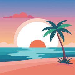 Obraz premium Flat Minimal Vector Tropical Beach at Sunrise with Soft Glow
