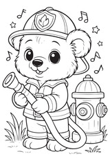 Black and white line drawing of a smiling bear dressed as a firefighter, holding a fire hose next to a hydrant. A fun and educational coloring page for children. 