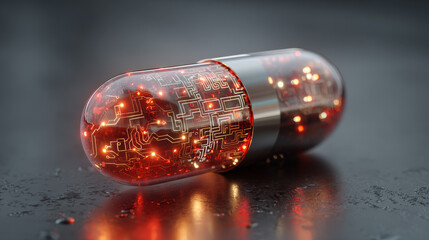 A futuristic medical concept combining a 3D capsule with electronic circuitry to represent bioengineering or healthcare innovation