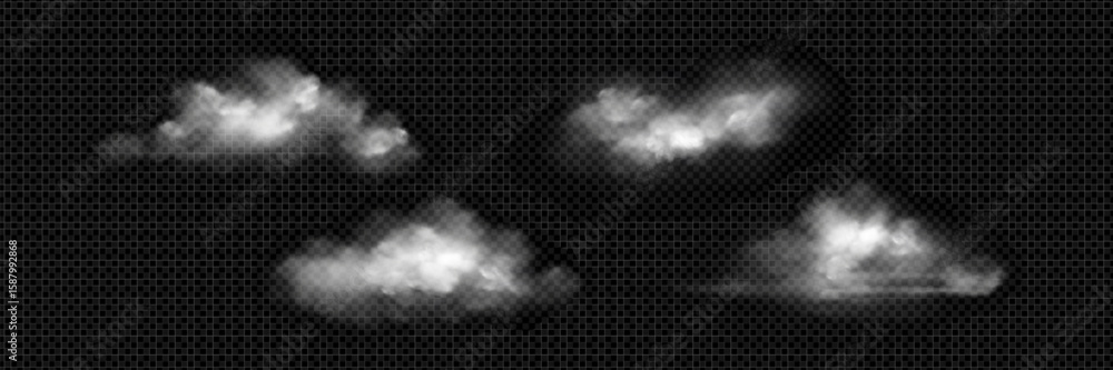 Poster realistic cloud formations on transparent background - white fluffy cumulus shapes with soft edges. 