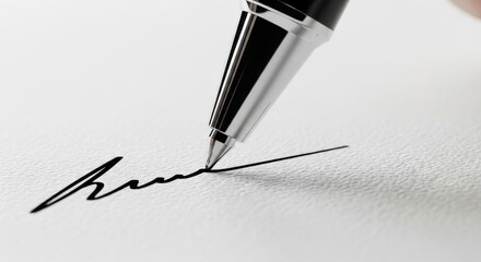 Close up of a sleek black and silver pen signing a document on textured paper