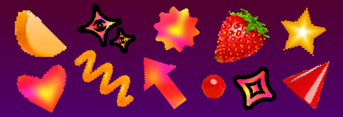 Y2k pixel shapes set with brutalism aesthetic - gradient hearts, sparkling stars, strawberry icon, orange slice, retro arrows and geometric forms. Nostalgic digital art elements for vaporwave design.