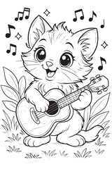 Black and white line drawing of an adorable kitten playing a guitar. The kitten has big expressive eyes and is surrounded by music notes and grass. Perfect for kids as a fun and charming coloring page