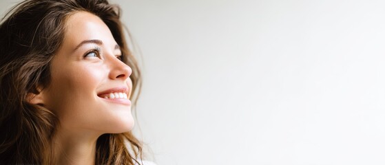 Naklejka premium A young woman with long hair smiles brightly, looking towards the light against a plain white background