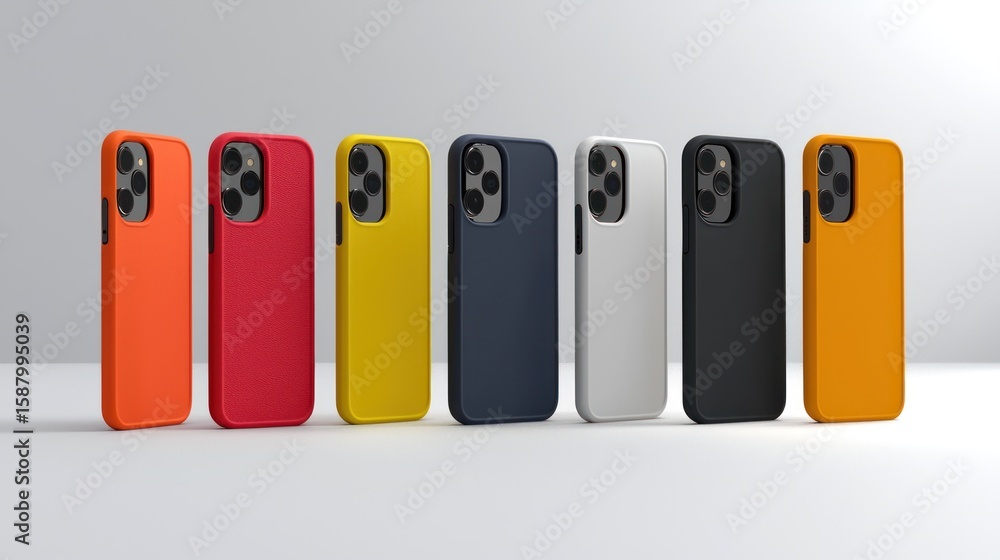Poster 3d render lineup of different smartphone cases on white background