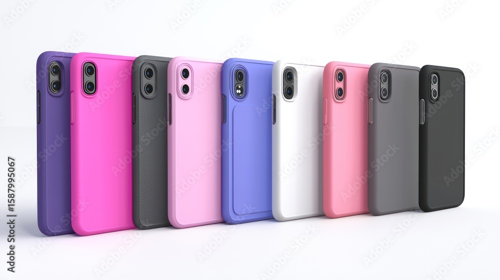 Poster 3d render lineup of different smartphone cases on white background