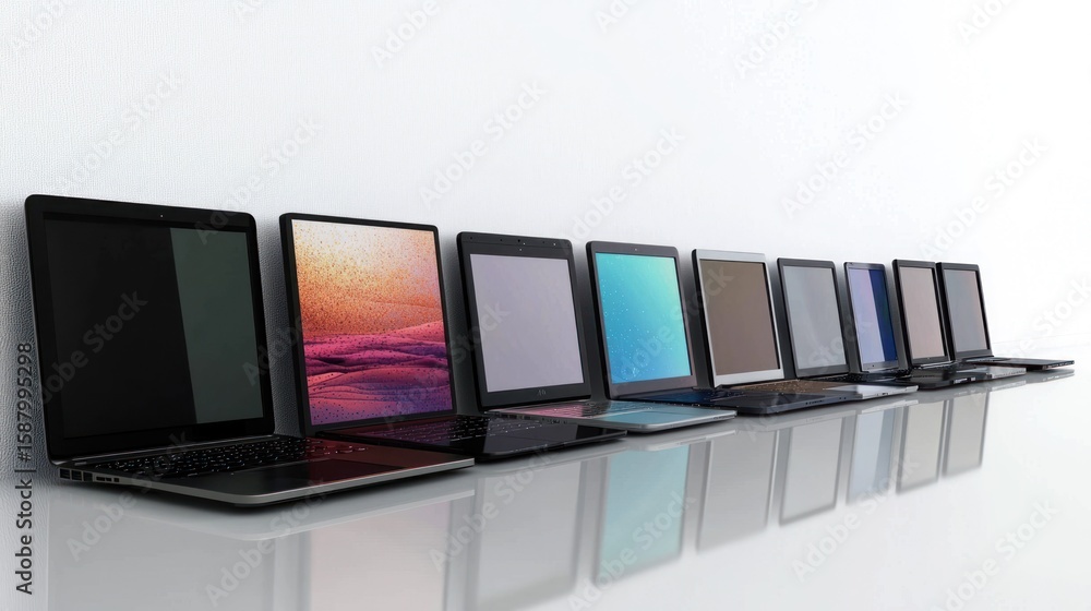 Poster 3d render lineup of different laptop models on white background