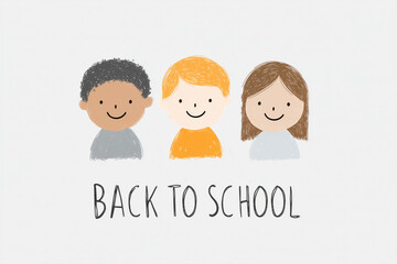 A cute "Back to School" doodle featuring a hand-drawn illustration of three happy, diverse children. A simple, charming concept for education, friendship, and kindergarten themes.
