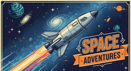 Retro space adventure illustration featuring a classic rocket ship and vibrant galaxy background