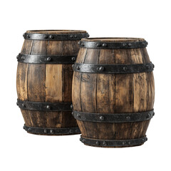 Obraz premium Two old wooden barrels with black metal bands on a white background realistic texture