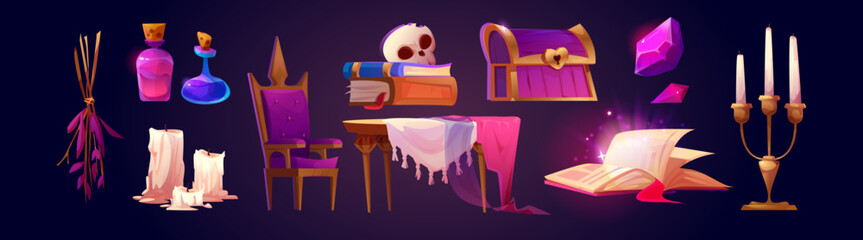 Mystical fortune teller items - glass bottles with potions, skull on books, wooden chest with lock, crystals and melting candles, chair and table with pink cloth, open spellbook, brass candelabra set.