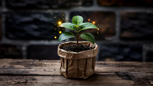 A young green seedling sprouts from a paper pot on a wooden surface with magical sparkles