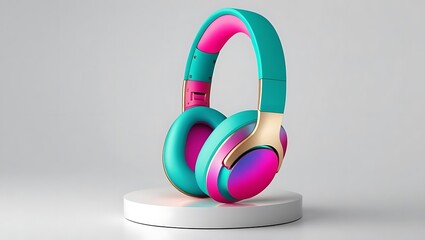 Vibrant teal and pink headphones with gold accents isolated on white background isolated on transparent background