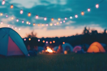 Outdoor camping festival at dusk with colorful tents and string lights