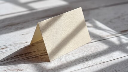 Minimalist beige triangular card propped on weathered wooden surface with textured appearance, soft sunlight casting warm shadows, serene and inviting atmosphere.