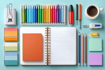 Obraz premium Organized flat lay of colorful school supplies and stationery on desk