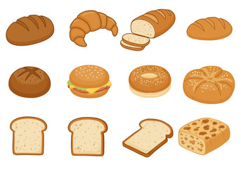 12 bread icons include buns croissants sliced loafs and toasted bread isolated on a white background