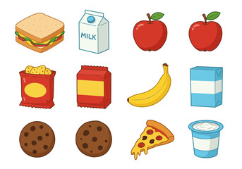 A cartoonstyle set of food items including a sandwich apples a banana cookies and pizza