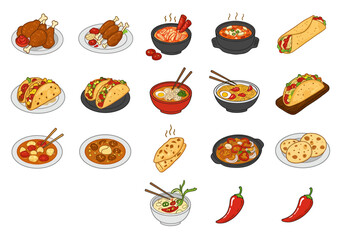 A cartoon spread of various international foods including tacos soup meat and peppers on a white background